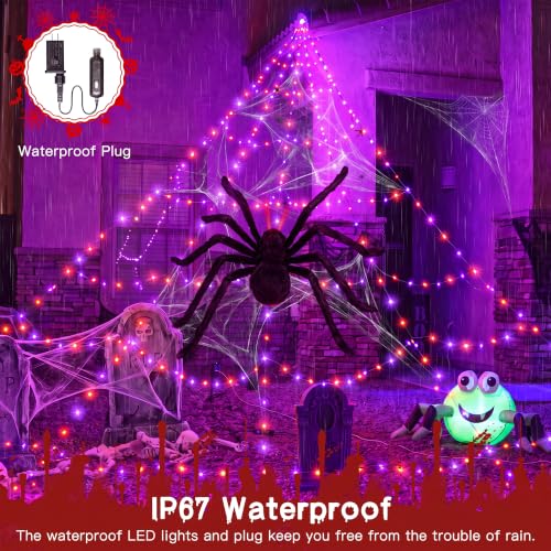 Halloween Sipder Web Lights 454 LED 16.4 FT Tall with Red Eyes Giant Spider (Orange&Purple / 16.4FT)