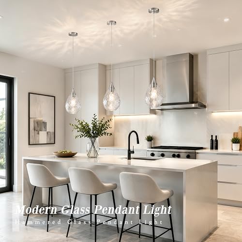 Nickel Glass Pendant Lights Kitchen Island 8" Pendant Light Fixtures Hammered Clear Glass Height Adjustable Modern Hanging Pendant Lights for Dining Room Bedroom Hallway Sink Bulb Incl (Nickel, 1 PK / 8 Inch)