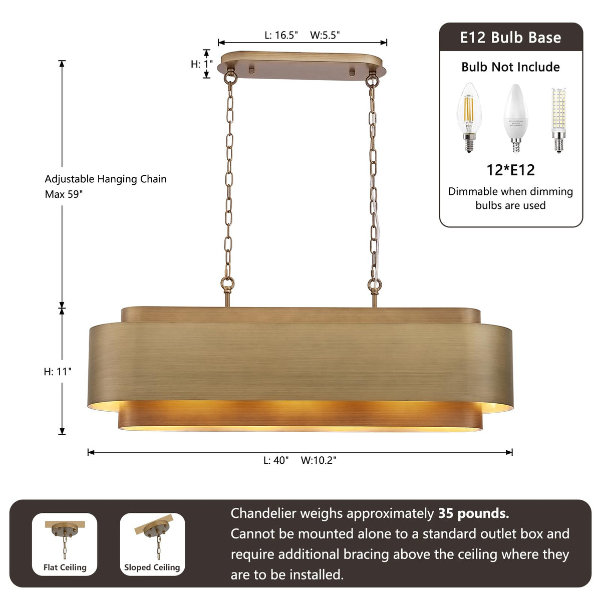 40" Modern Farmhouse Linear Chandelier (Brushed Brass/L40")