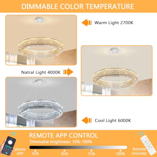 W40 Modern Chandeliers for Living Room LED Dimmable Pendant Lighting High Ceiling Chandelier for Dining Room Foyer Hallway Crystal Rectangle Light Fixtures Silver (Silver / Round 40")