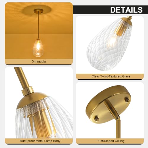 Brushed Gold Twisted Glass Pendant Lights Kitchen Island Modern (2-Pack Brushed Gold)