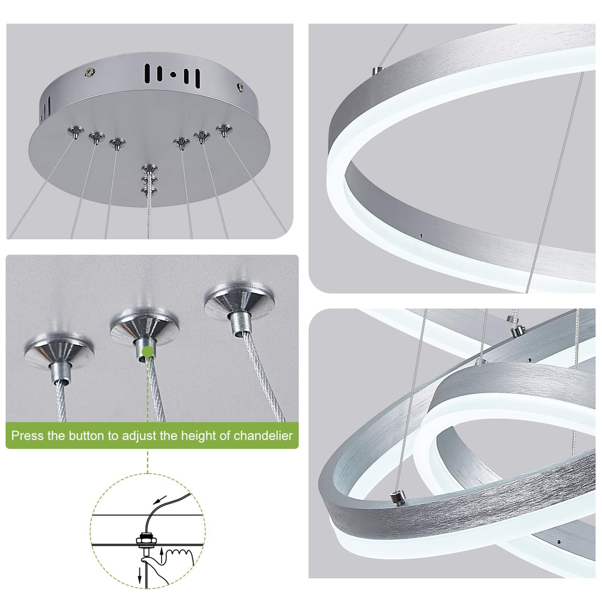 3 Rings Modern LED Chandelier Silver LED Pendant Light with Remote (3 Ring Circular D23.6in / Silver)