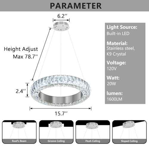 16" Ring Modern LED Dimmable Crystal Chandelier Adjustable Height Pendant Light Round Crystal Chandelier Light Fixtures for Dining Room Living Room Kitchen Island Silver (Silver / 1 Ring Round 16")