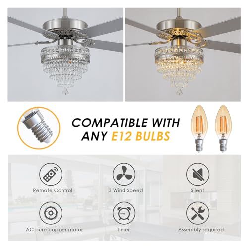 52" Silver Crystal Chandelier Ceiling Fans with Lights and Remote Control (Silver-52Inch)