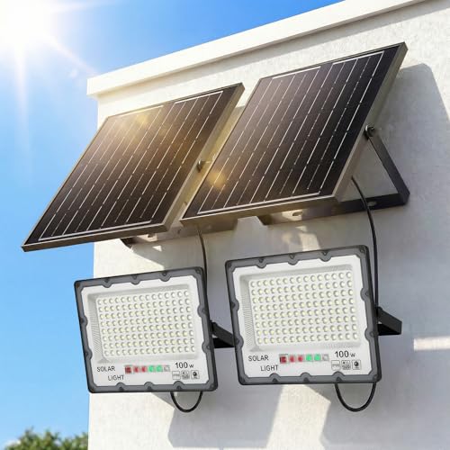2 Pack 100W Solar Flood Light Outdoor 21000LM 6500K LED Street Light with Remote (2-Pack(100))