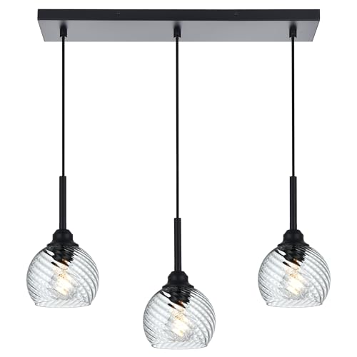 3 Light Linear Island Lights with Striped Swirl Globe Glass (Transparent / 3-Light-Straight Bar)