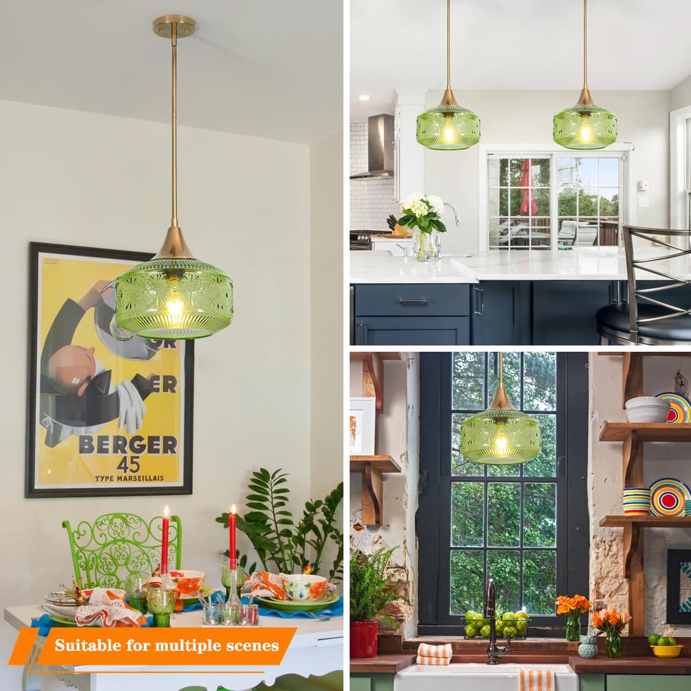 Gold Pendant Light over Kitchen Green Glass Hanging Light for Bathroom (Gold+Green Glass / 9.25in)