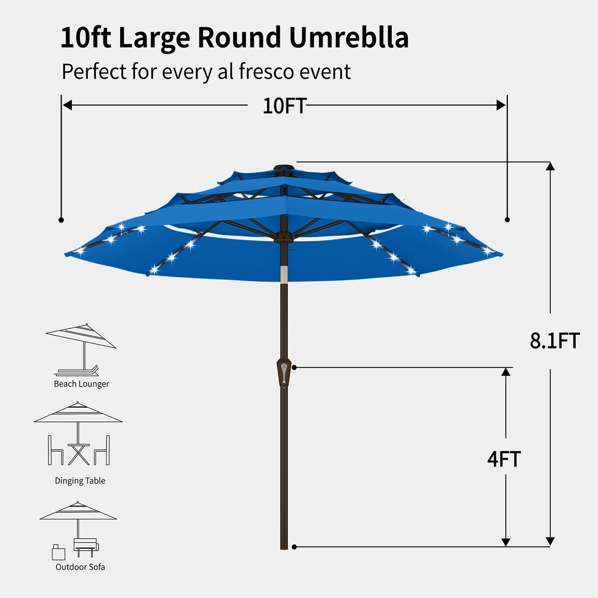 9ft 3 Tier Patio Umbrella with Solar Lights (Royal blue / 9 FT)