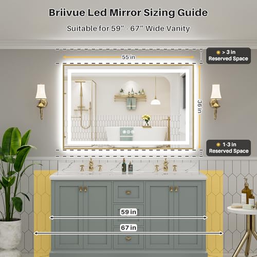 55x36 Inch LED Bathroom Mirror with Gold Frame (Backlit+front Lit With Gold Frame / 55"L x 36"W)