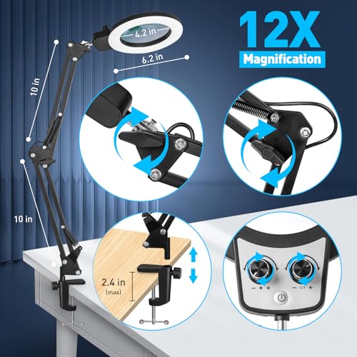 12X Magnifying Glass with Light and Stand (12X 22 INCH Clamp)