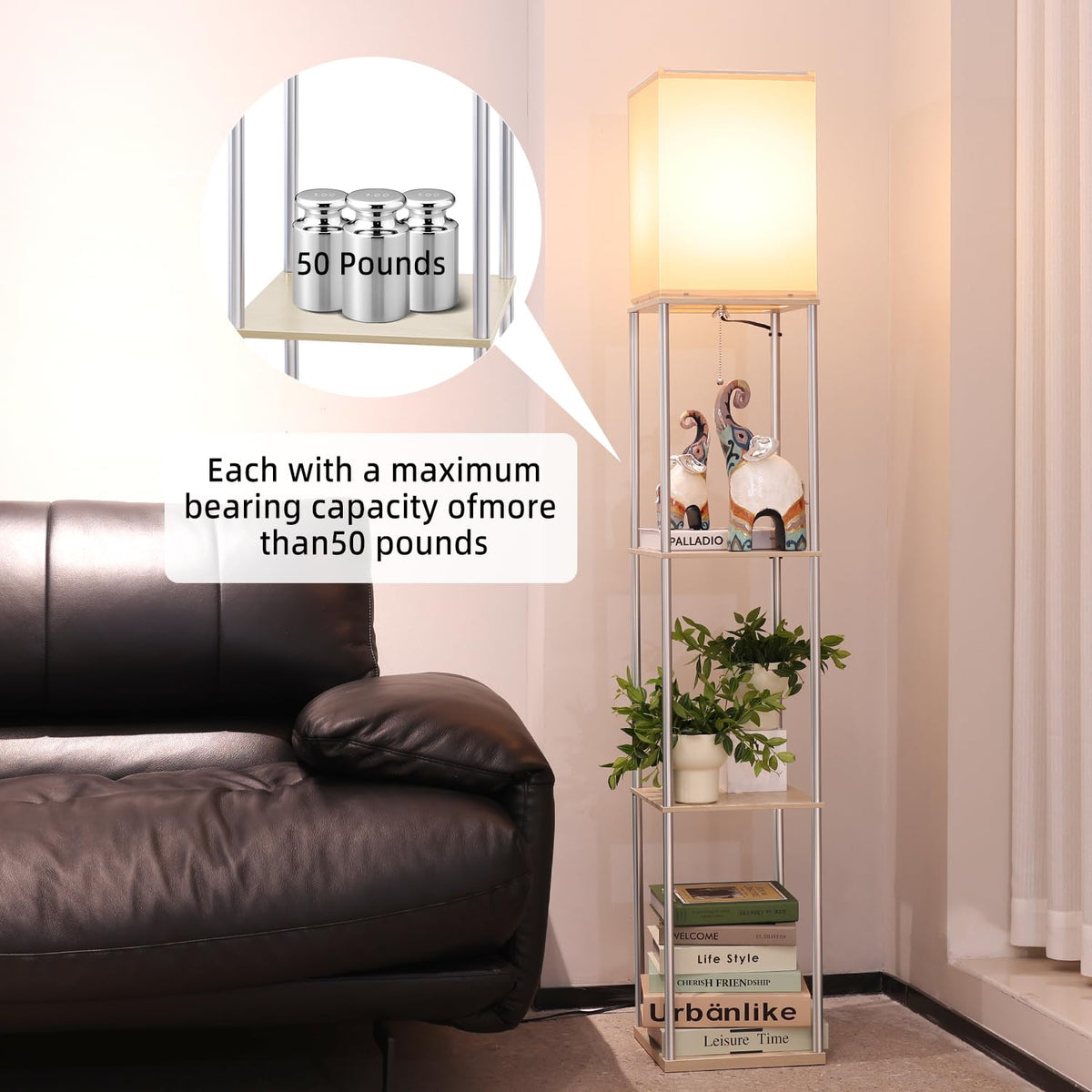 Floor Lamp with Shelves (Beige+Bright Silver-1 Pack)