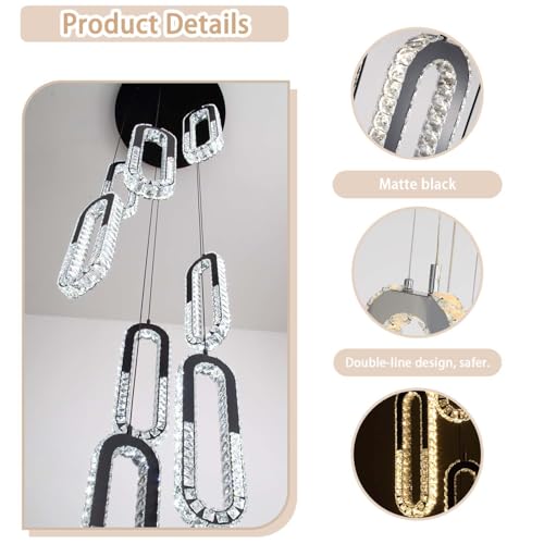 Modern Led Black Chandelier Adjustable 8 Rings Crystal Chandelier for Foyer Stairwell Crystal High Ceiling Pendant Light Dimmable 2700K (Black / 8 Rings (New))