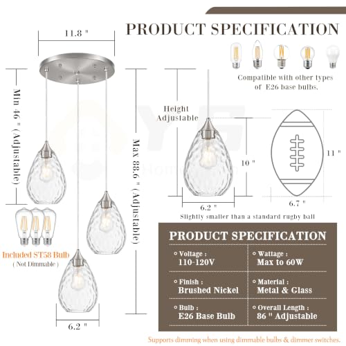 Nickel Glass Pendant Lights Kitchen Island 3 (Nickel, 3-Light / 6.3 Inch, 3-Light)