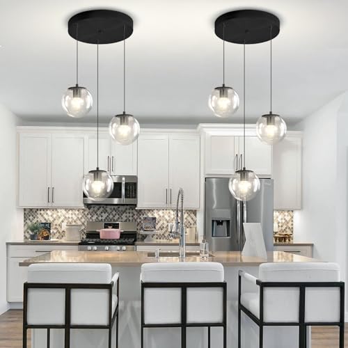 3 Light Small Chandelier LED Modern Glass Globe Pendant Light Chandeliers for Entryway Lighting Fixture Bedroom and Dining Room (Black-Clear / Globe 3-Light)