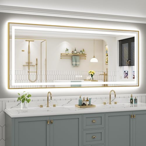 88x38 Inch LED Bathroom Mirror with Gold Frame (Backlit+front Lit With Gold Frame / 88"L x 38"W)