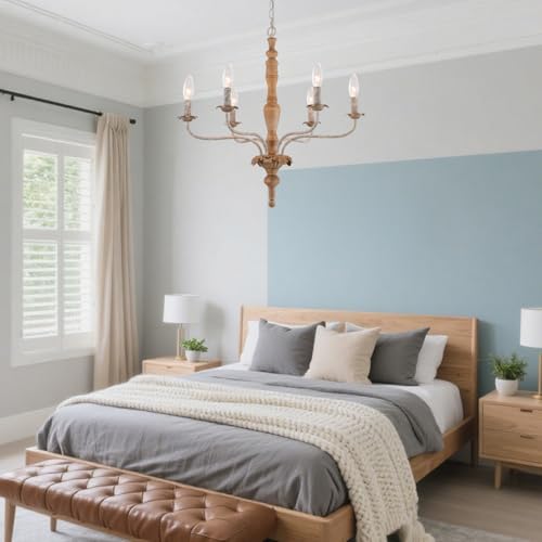 Farmhouse French Country Chandelier Distressed Wood for Living Room (Wood)