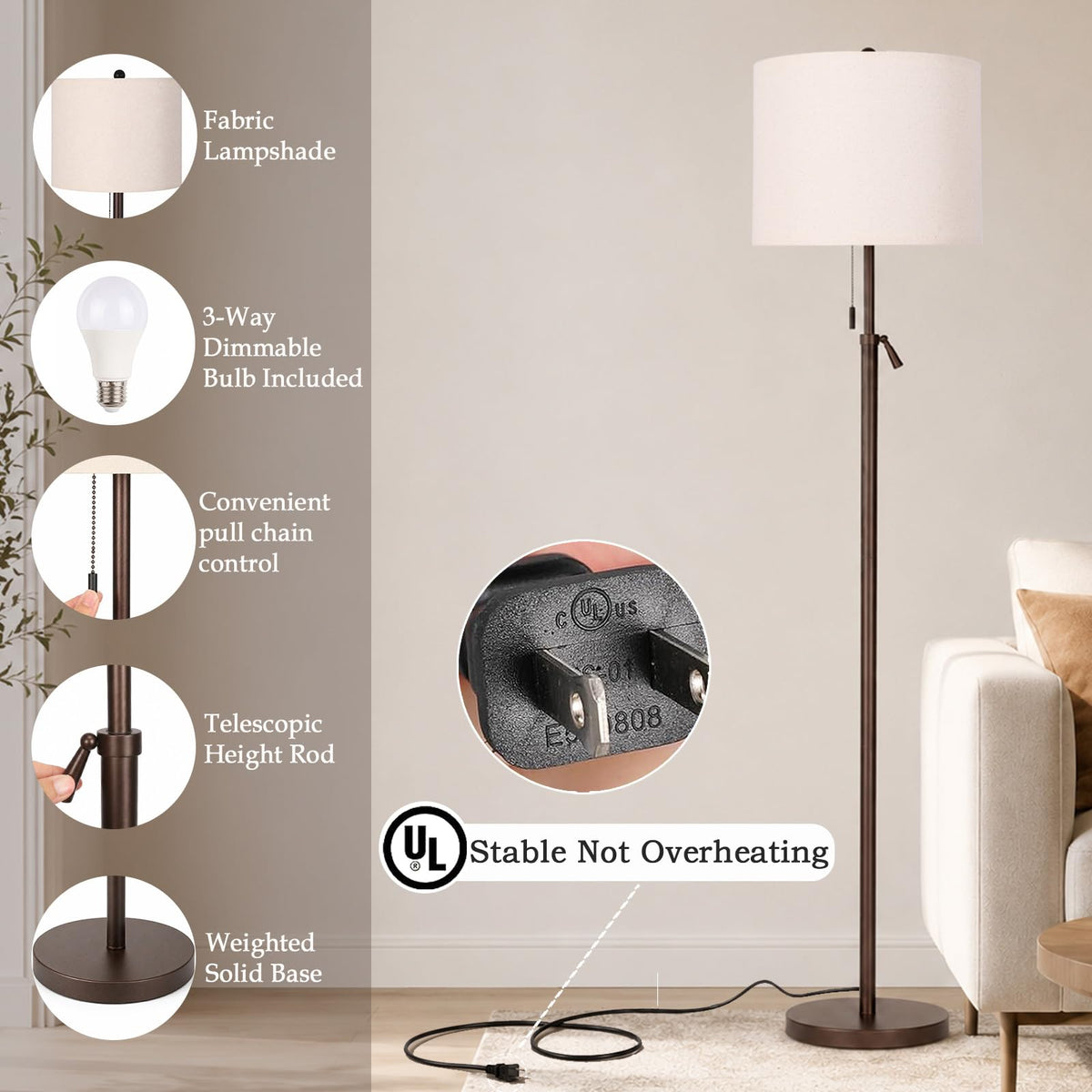 61 69" Adjustable Height Floor Lamp (Brown)