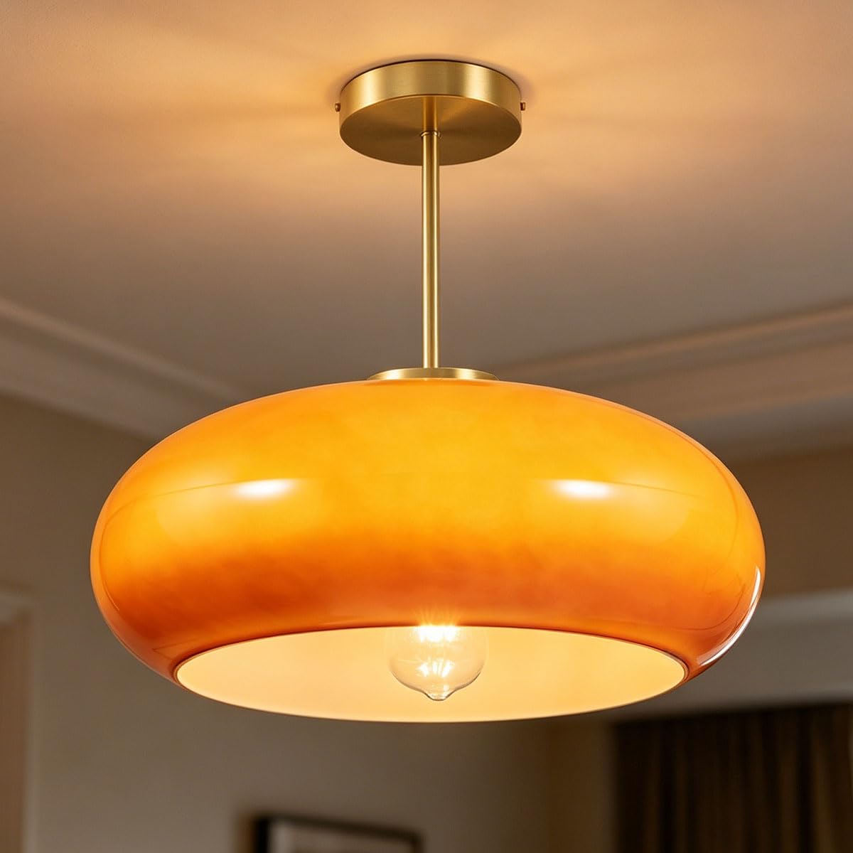 Large Glass Semi Flush Mount Ceiling Light 15.7″Dome Orange Shade (15.7″-Orange)