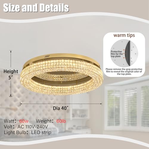 40'' Crystal Chandelier for Living Room Large Chandeliers for Living Room Crystal Flat Mounted Ceiling Lights Dining Room Bedroom Dimmable 2700 (Gold / Dia 40inch)