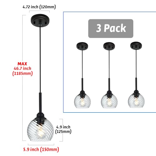 3 Pack Dining Room Light Fixtures Hanging with Clear Striped Swirl Globe Glass (Transparent / 1-Light-3 Packs)