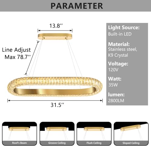 32'' Oval Ring Crystal Chandelier Modern LED Dimmable Ring Pendant Light Chandelier for Dining Room Living Room Gold (Gold / 1 Ring Oval 32")