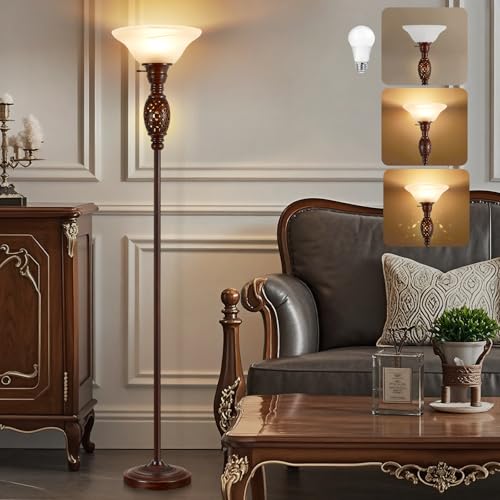 70" Torchiere Floor Lamp with NightLight & Etched Glass Shade (Brown)