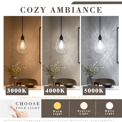 Black Glass Pendant Lights Kitchen Island 6.3" Pendant Light Hammered Clear Glass 2 Pack Height Adjustable Modern Hanging Pendant Lights for Dining Room Bedroom Hallway Sink Bulbs Incl (Black, 2 PK / 6.3 Inch)