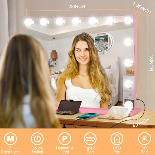 Vanity Mirror with Lights (Pink / 23"L x 18"W)
