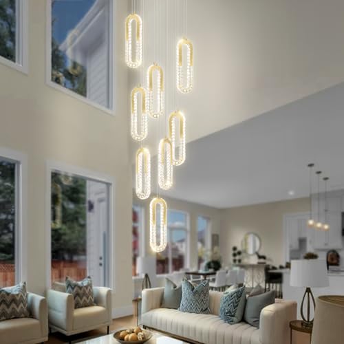 Modern Led Gold Chandelier Adjustable 8 Rings Crystal Chandelier for Foyer Stairwell Crystal High Ceiling Pendant Light Dimmable 2700K (Gold / 8 Rings (New))