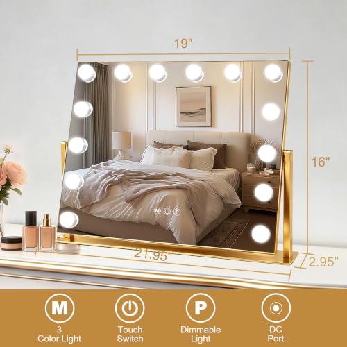 Vanity Mirror with Lights (Gold / 19"L x 16"W)