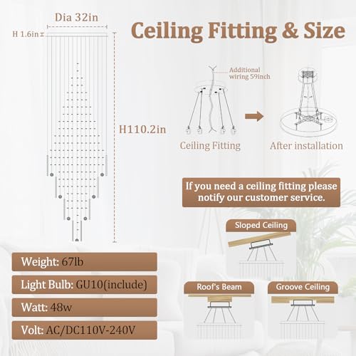 D32''X H110'' Large Crystal Chandeliers for High Ceiling Modern Gold Raindrop Chandelier Stairway Chandelier Crystal Flush Mount Ceiling Light for Living Room Staircaes Foyer (Gold / D32"X H110")