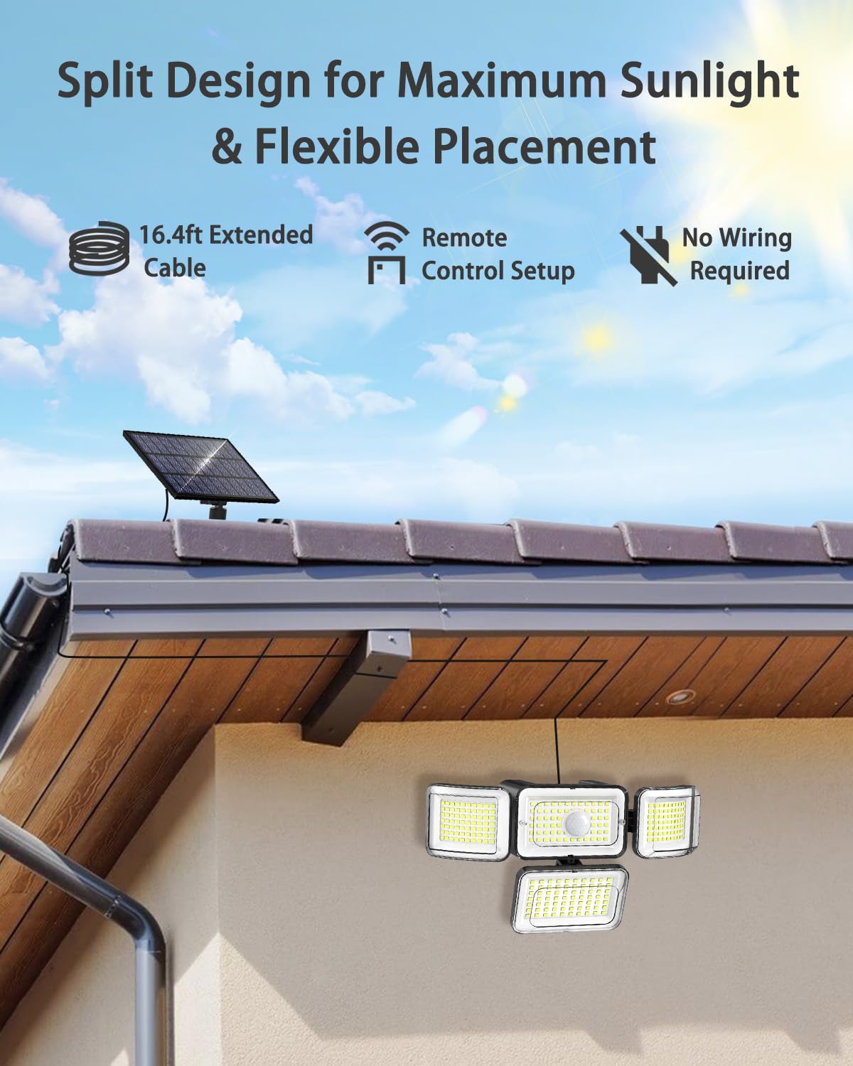 Solar Outdoor Lights Motion Sensor 3500LM 288 LED Solar Security Lights with Remote Control IP67 Waterproof 4 Heads Flood Lights with 16.4ft Cable 4 Modes Wall Lights