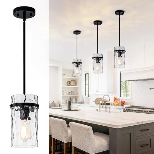 Farmhouse Black Hammered Glass Pendant Lights Kitchen Island for Foyer (Black-1 Pack)
