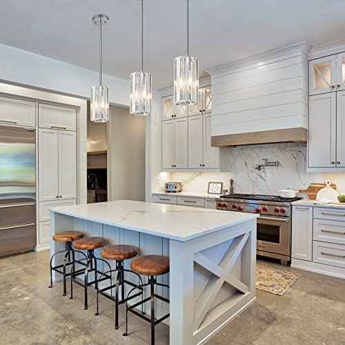 Chrome Pendant Lighting Modern Pendant Light Mini Crystal Chandeliers Adjustable Pendant Light Fixture for Kitchen Island Dinning Room Corridor Bedroom (Chrome / Round-3-Pack)