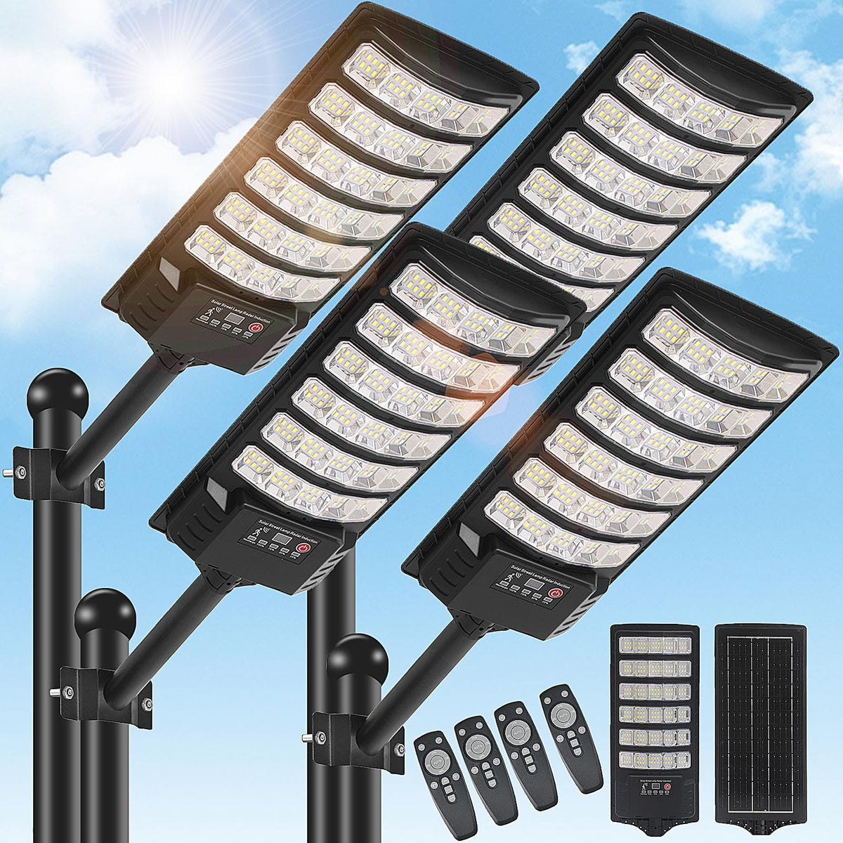 4 Pack Solar Street Light Outdoor 30000LM 6500K Waterproof Motion Sensor LED Solar Powered Flood Light with Remote Control Dusk to Dawn Commercial Area Lighting for Outside Parking Lot (4 PACK)