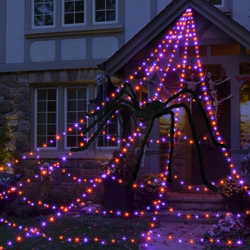 Halloween Spider Web Lights Decoration 455 LED Spider Webs Halloween Decorations Outdoor with 59" Large Spider & 3.53 oz Stretch Cobweb 16.4 Ft Light Up Giant Spider Web