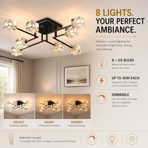 8 Light Crystal Semi Flush Mount Ceiling Light (Black+Gold (8-light))