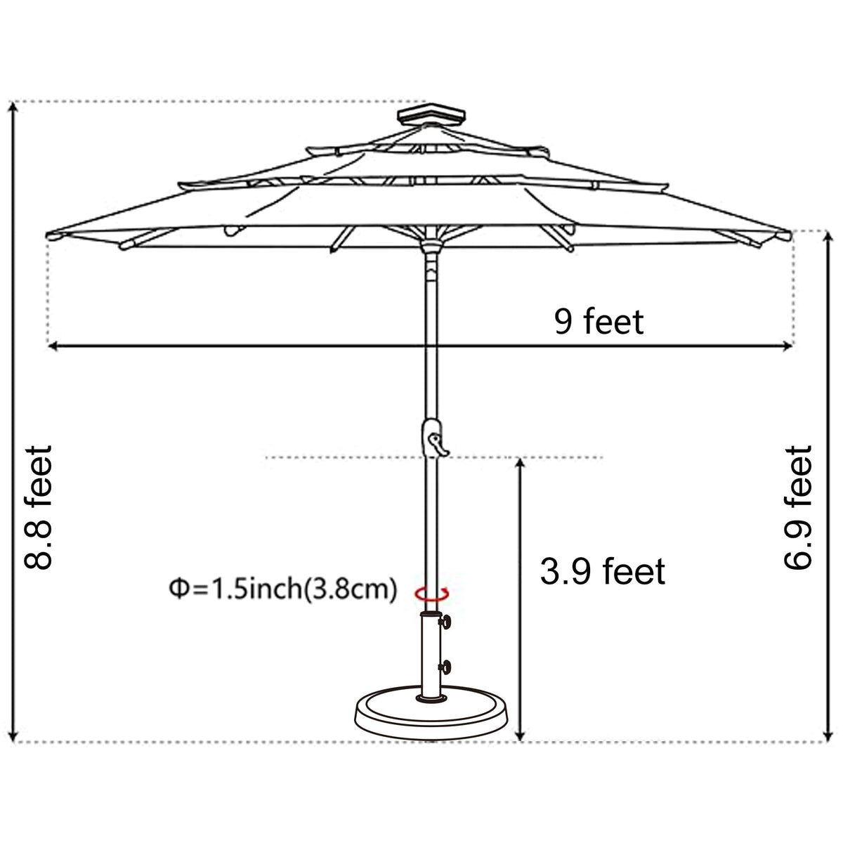 USA 10-Year-Non-Fading 9ft 3-Tier Market Patio Umbrella, Commercial Table Umbrella with 80 Solar LED Lights, Crank Open, Windproof & UPF 50+ UV Protection for Garden, Deck, Pool, Backyard, Mushroom (Mushroom / 9 FT(Triple Vents Tilt))