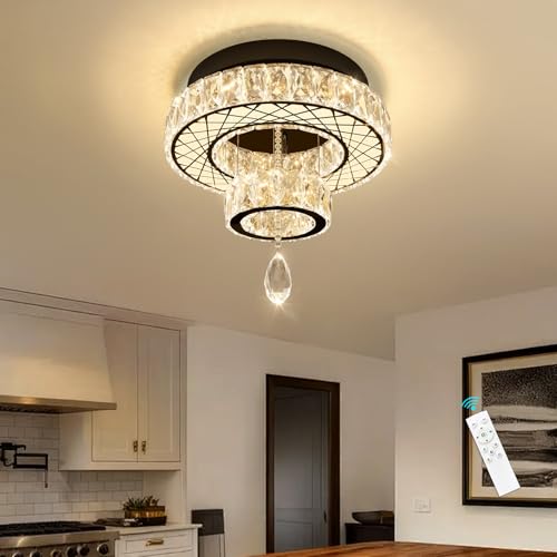 Chandelier Bedroom LED Light Modern Hallway Ceiling Lighting Fixtures for Kitchen Dining Room Kitchen Remote Dimmable Black Lights (16 inch / Black)