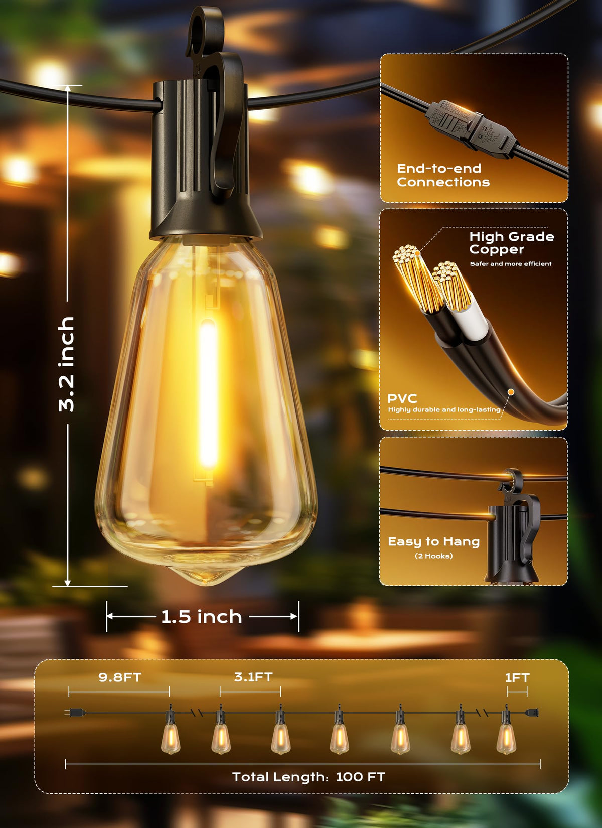Outdoor String Lights Patio Lights 100FT ST38 Waterproof Dimmable (Black / 100FT)