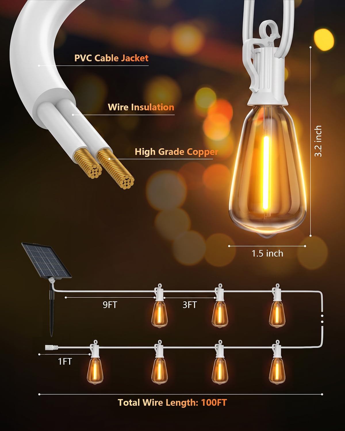 100FT Solar String Lights Outdoor (100FT(White line))