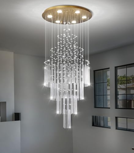 W20 x H40 Crystal Glam Chandelier Long Light Chandeliers with Dimmable Light Bulbs High Ceiling Light Fixtures for Foyer Entryway Living Room Stair Gold (Gold / Round W20" X H40")