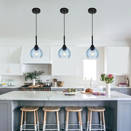 3 Pack Dining Room Light Fixture with Blue Striped Swirl Globe Glass (Blue / 1-Light-3 Packs)