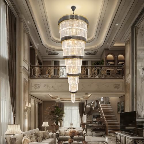 9 Tier Black and Gold Chandelier Modern Luxury Ballroom Chandelier Extra Large Crystal Chandeliers for High Ceiling Living Room Staircase Foyer Entryway 31 (D40"XH84" Black)