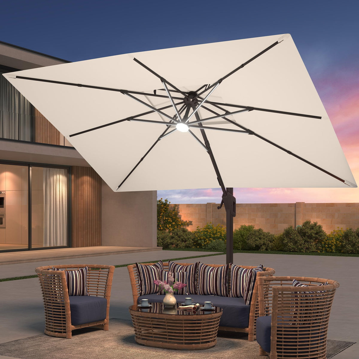 9x12 FT Patio Cantilever Outdoor Offset Umbrella with LED Lights (Beige)