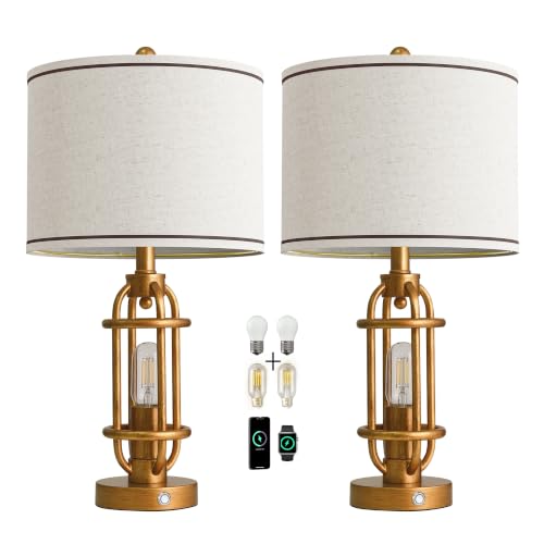 23.75'' Table Lamps Set of 2 for Living Room Bedroom Industrial Farmhouse Metal Touch Lamps with USB A+C Ports (23.75'' Antique Gold - Set of 2)
