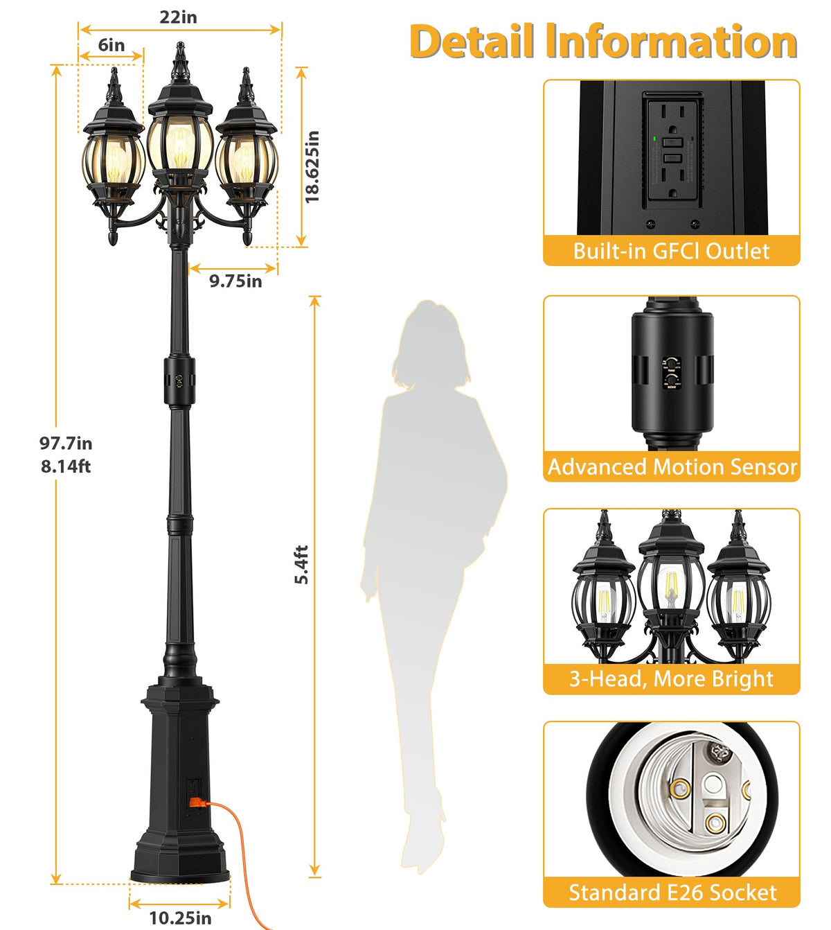 97" 3 Head Motion Sensor Outdoor Post Lights with GFCI Outlet (Black-with outlet / 97.7IN)