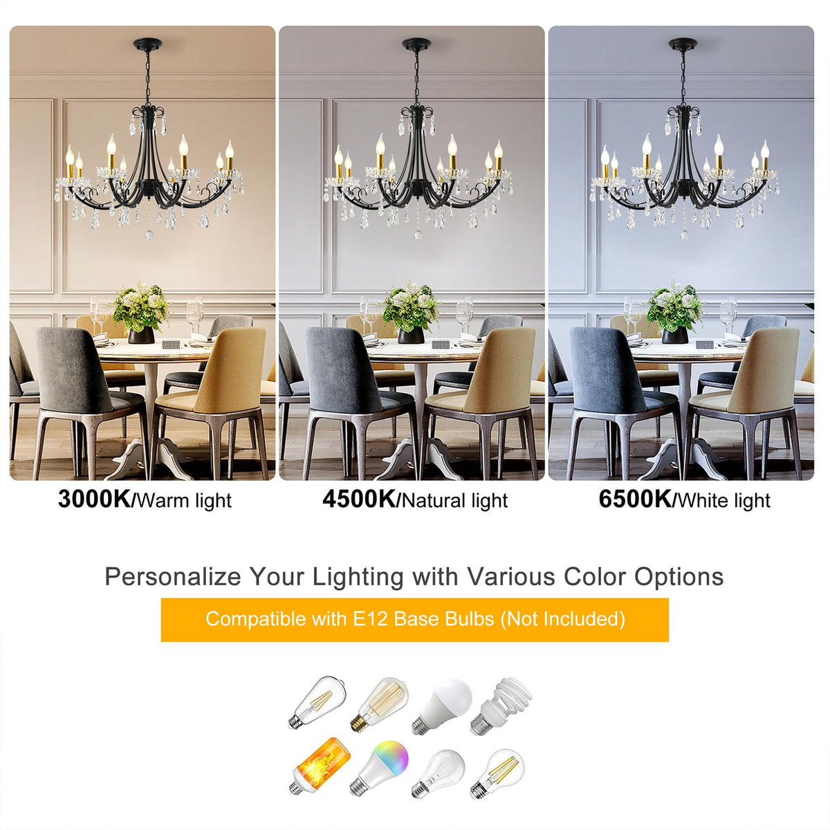 Black Crystal Chandeliers for Dining Room (Black&Gold-8light)