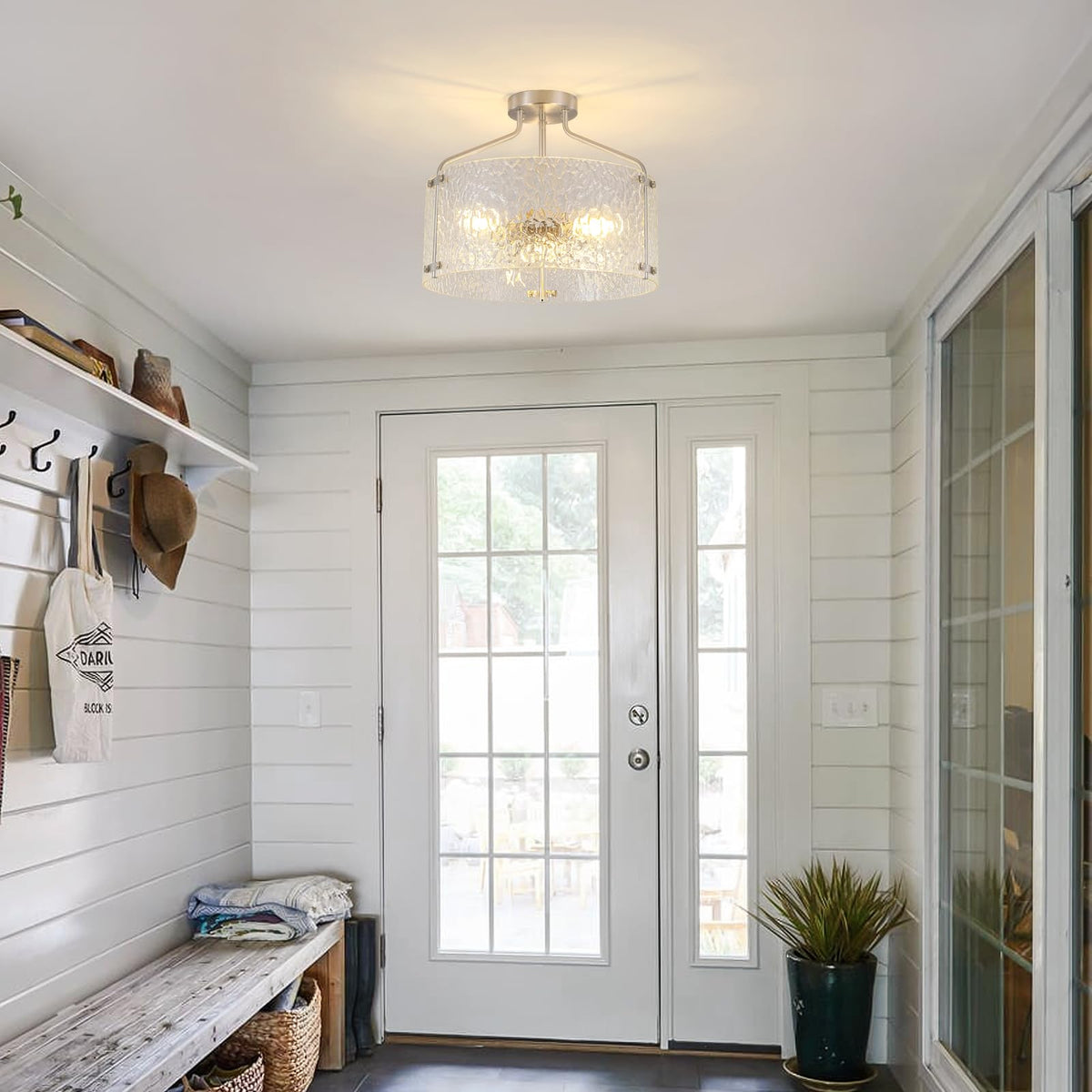 Semi Flush Mount Ceiling Light Fixture Glass Drum Chandelier Entryway Light (Brushed Nickel / 3-Light)