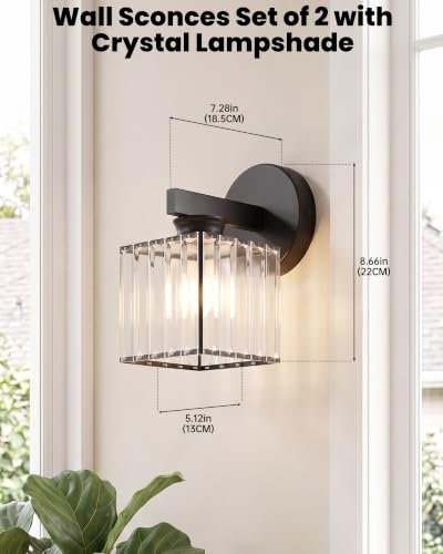 Hardwired Wall Sconces Set of Two with Crystal Lampshade (Black-A)